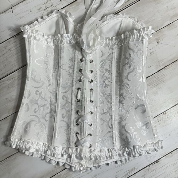 Pin Up White Jacquard Floral Lace Up Boned Frilly Corset Bustier Top S - Picture 15 of 16
